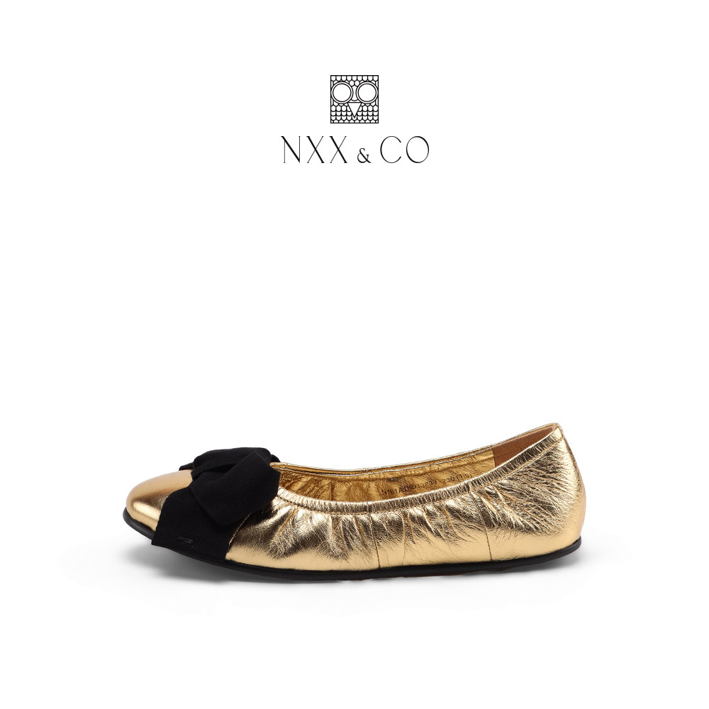NXX&CO2026年夏季新款金色牛皮平底鞋 褶皱蝴蝶结复古通勤女鞋