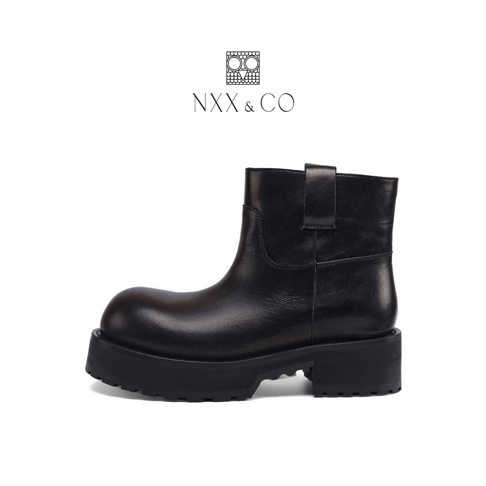 NXX&CO2026年春季新款羊皮内里增高厚底短靴圆头机车骑士切尔西靴