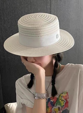 法式平顶白色小礼帽女夏季出游英伦风沙滩度假遮阳黑色巴拿马草帽