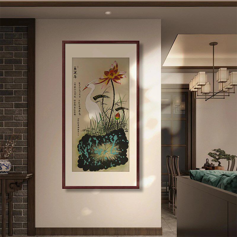 一鹭莲升玄g关画手绘荷花画走廊客厅装饰画领导办公室