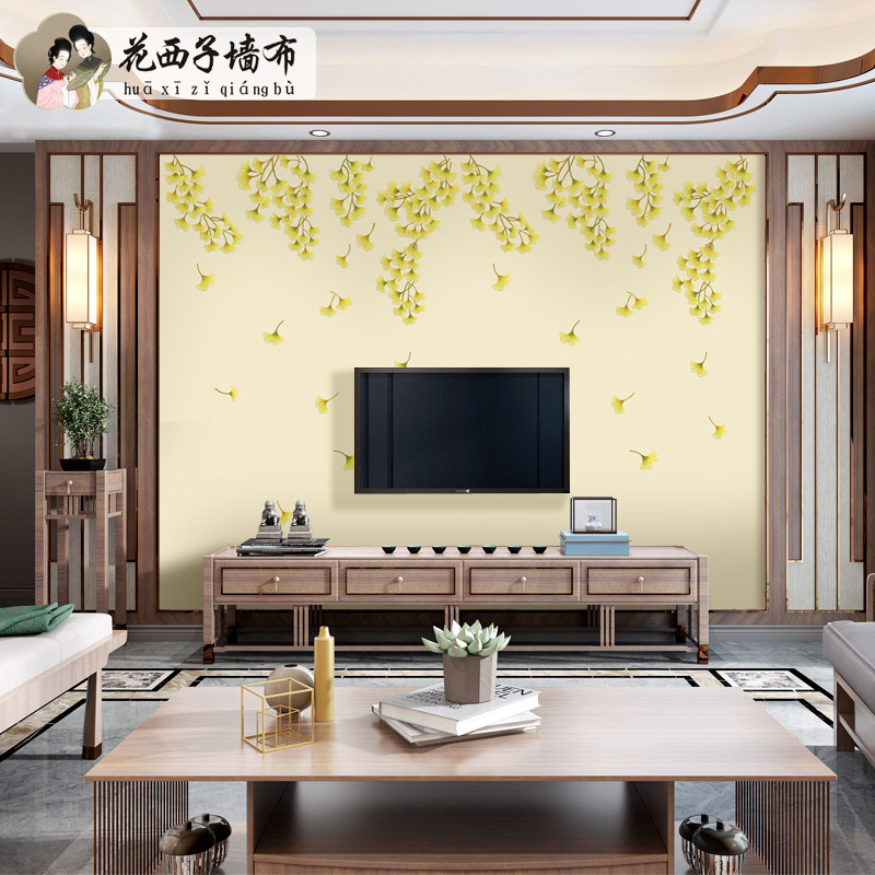 银杏叶中式卧室床头背景墙布独秀刺绣客厅餐O厅沙发电视背景壁布