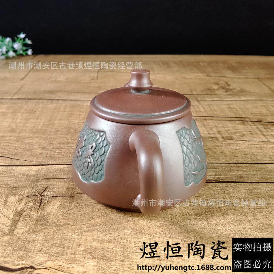紫砂壶厂家直销 仿古富贵牡丹石瓢壶家用陶瓷大容量茶壶300ml