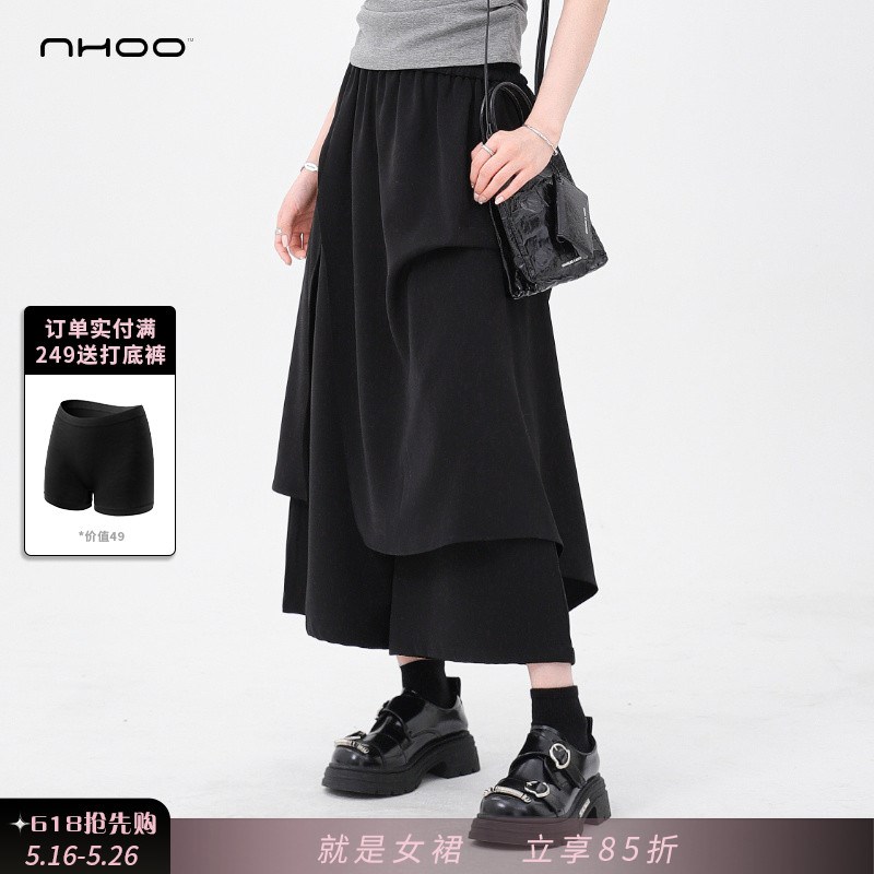 NHOOb恩逅 黑色设计感裤裙女一体假两件半身2025夏季新款薄款裙裤图片