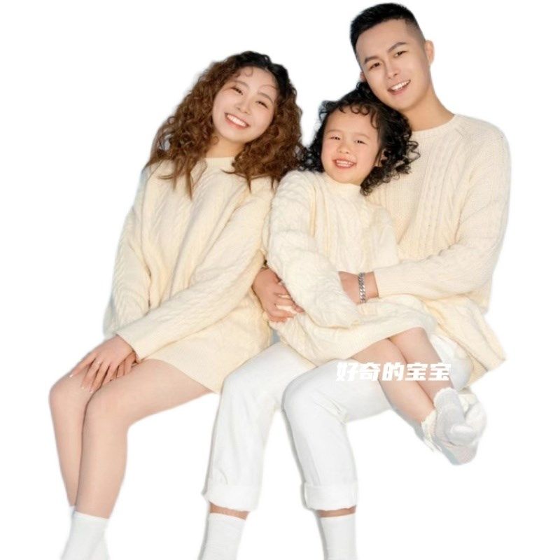 儿童摄影服装影楼拍照亲子装白毛衣新年简约风全家福圆领毛衣新款