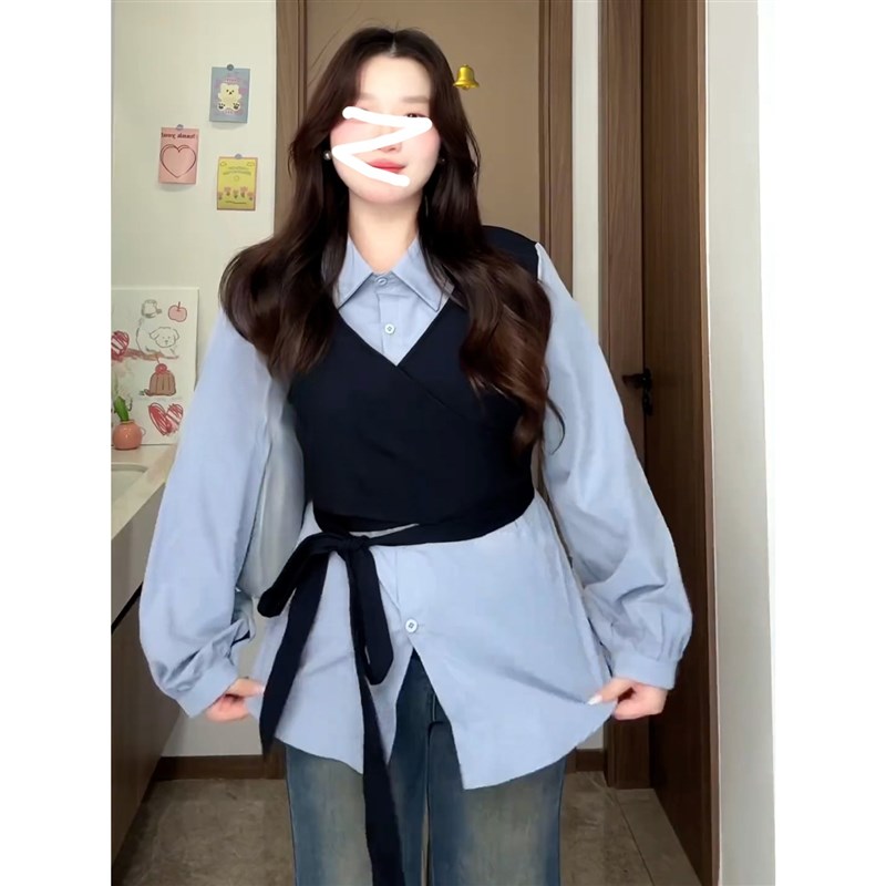 大码胖MM韩系百搭假两件长袖衬衫女秋季202N4新款绑带收腰遮肉衬