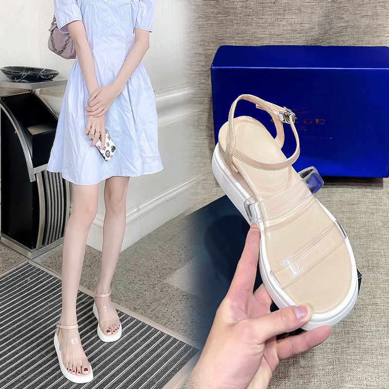 厚底透明凉鞋女2021夏季新款x松糕底坡跟增高33小码露趾一字带凉