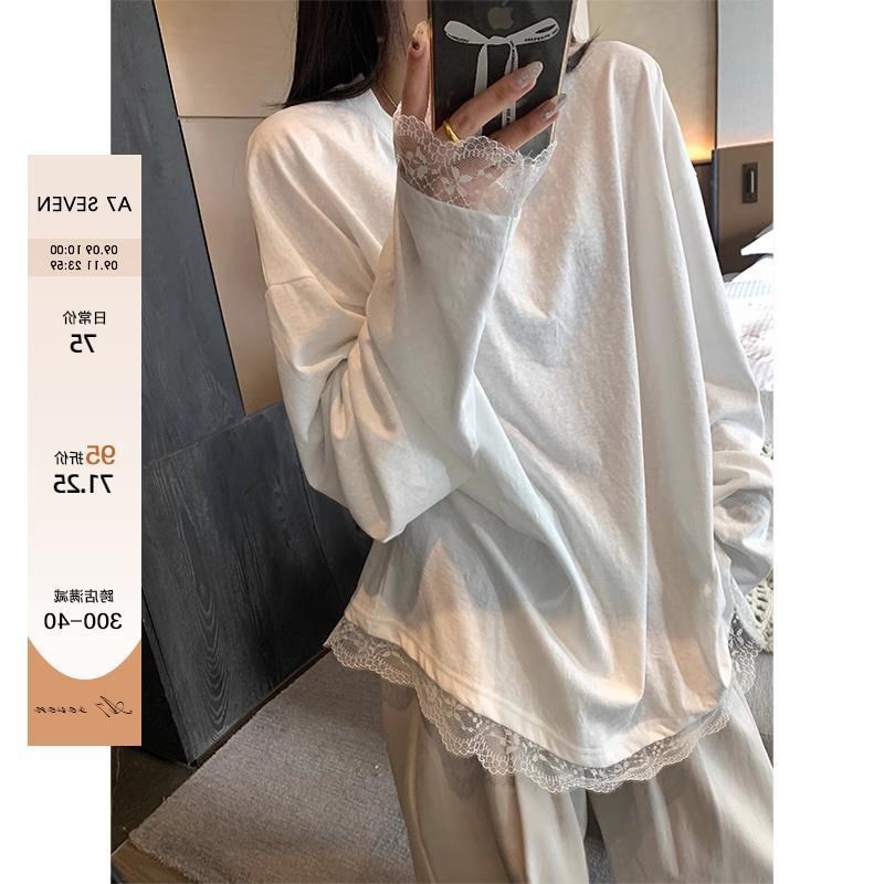春秋冬新款单穿内搭小能手t蕾丝拼接宽松纯色白T恤女宽松打底衫潮