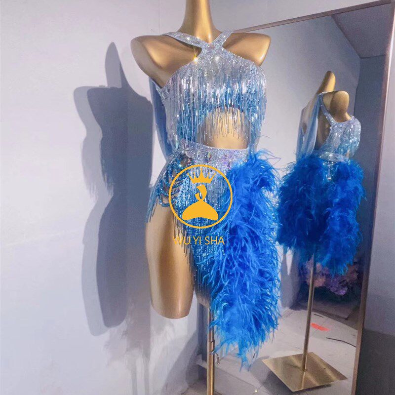 驼鸟毛拉丁舞服比赛服满钻蓝色舞蹈服成人女儿童定制赛服2367