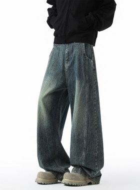 复古牛仔裤男直筒宽松阔腿美式高街裤子潮牌痞帅cleanfit休闲长裤