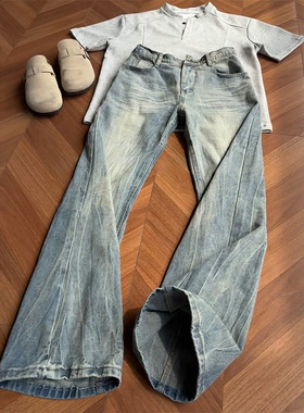 爆裂闪电纹牛仔裤男直筒宽松美式高街vibe裤子潮牌痞帅重工微喇裤