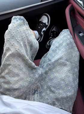 满印提花美式复古牛仔短裤男夏季薄款hiphop裤子潮牌设计感五分裤