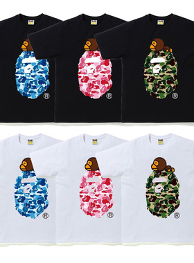 日系潮牌bape短袖睡猴子迷彩猿人头印花夏T恤情侣休闲运动半袖短T