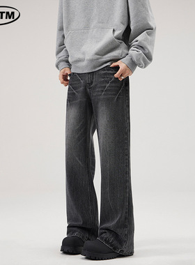 LKTM男装#新款潮流设计感闪电裂纹水洗牛仔裤男美式复古微喇裤子