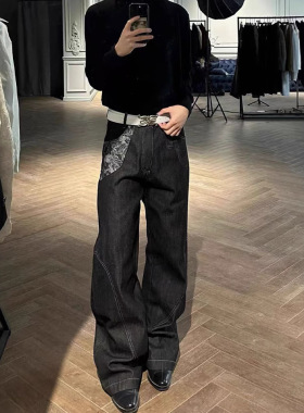 美式复古原牛老钱提花微喇牛仔裤男女宽松阔腿百搭休闲拖地长裤潮