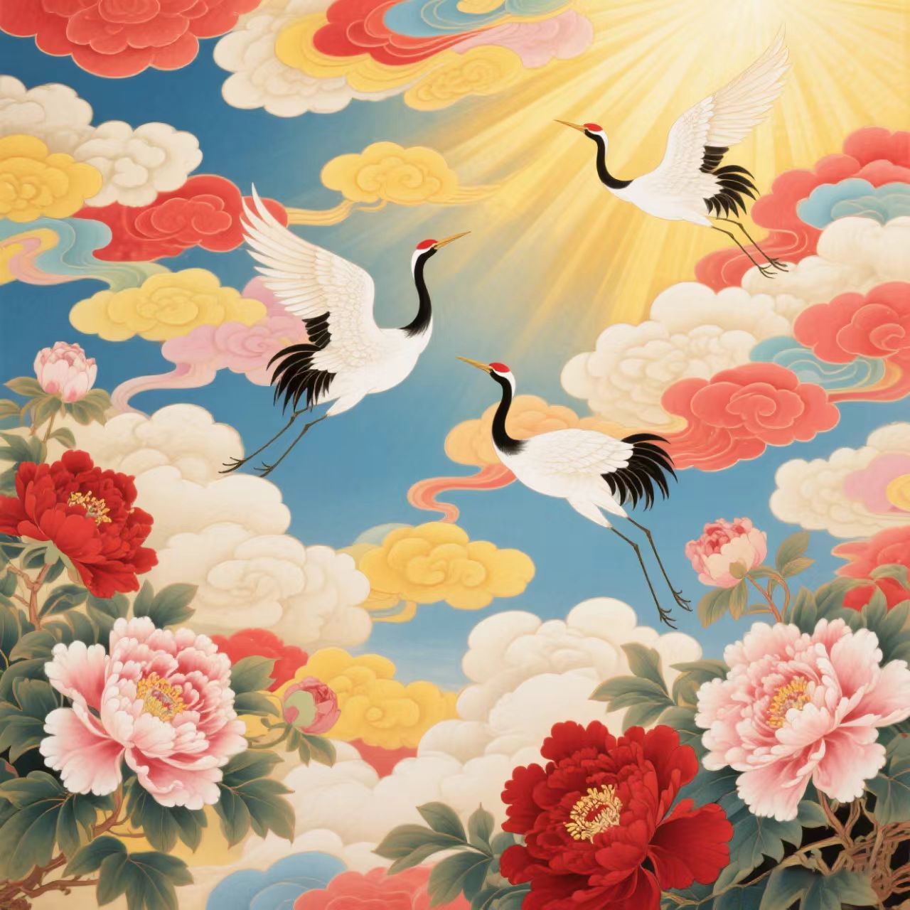 新款仙鹤祥云图贴纸客厅玄