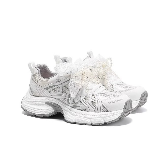 牛皮版仙女风蕾丝珍珠网面老爹鞋