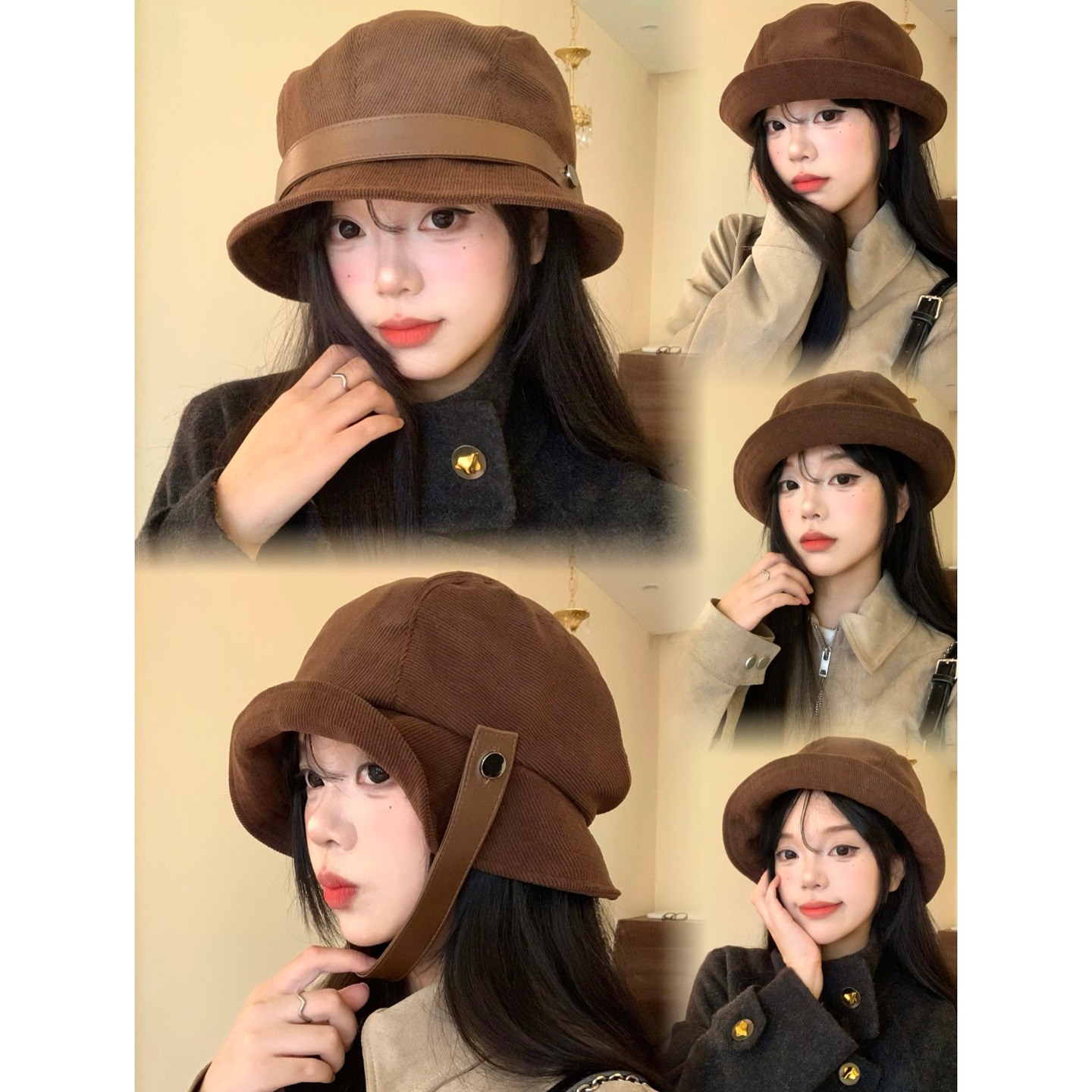 美拉德复古灯芯绒渔夫帽女秋冬