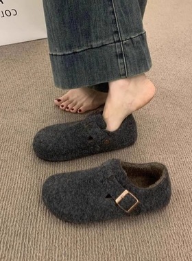 2025秋季新款法式复古外穿圆头毛毡加绒勃肯鞋女保暖棉瓢鞋灰色