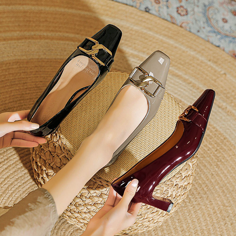 法式粗跟高跟鞋女红色婚鞋2025