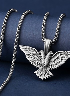 新款ins风双头鹰吊s坠男士嘻哈项链朋克饰品动物吊坠配饰