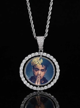 欧美嘻哈记忆可旋转双面r圆形照片吊坠微镶锆石潮人嘻哈相框项链