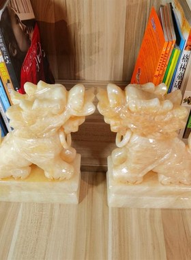 天然黄玉麒麟摆件绿色青玉石招财镇宅一对乔迁家居客厅装饰工艺品