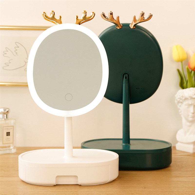 化妆镜收纳盒一体带灯家用LED补光台式梳妆镜桌面便携网红智能镜