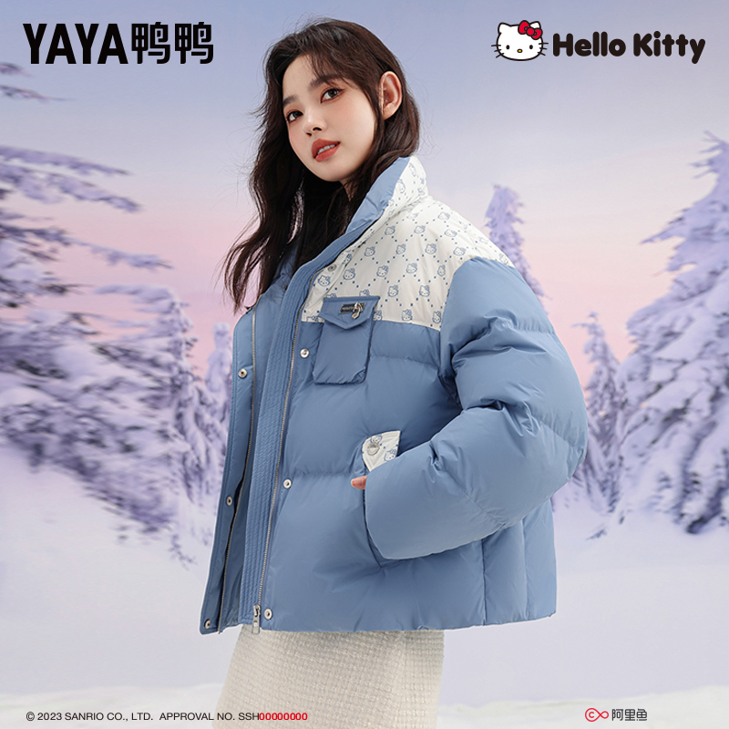 鸭鸭羽绒服2025新款短款女撞色拼接印花面包服潮休闲时尚羽绒外套