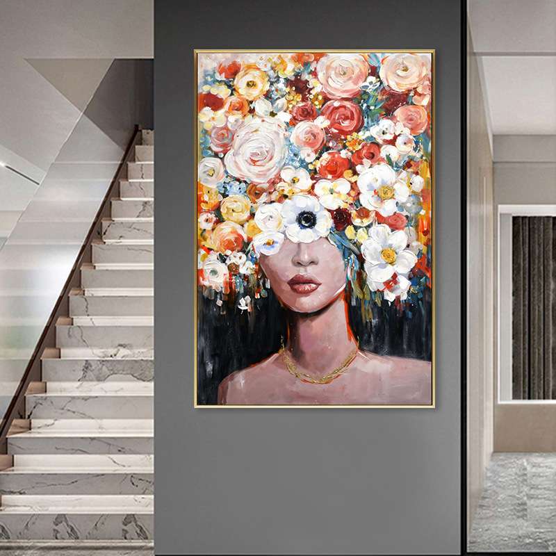 手绘油画彩色花卉人物客厅装饰画肌理感玄关挂画民宿酒店艺术画图片