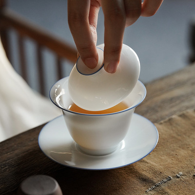 班意 薄胎蓝线描边陶瓷三才盖碗功夫茶具手工白瓷手抓茶碗