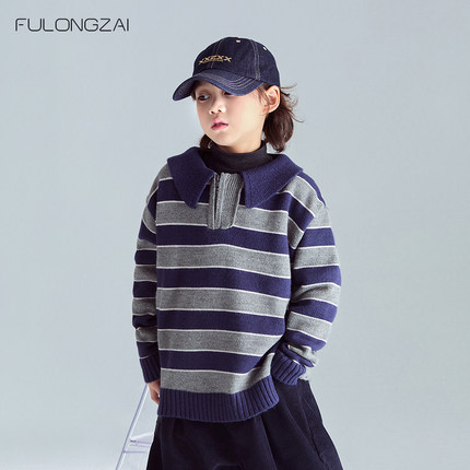 FULONGZAI 亲子装男女中大儿童2024秋冬季潮娃娃领条纹针织毛衣