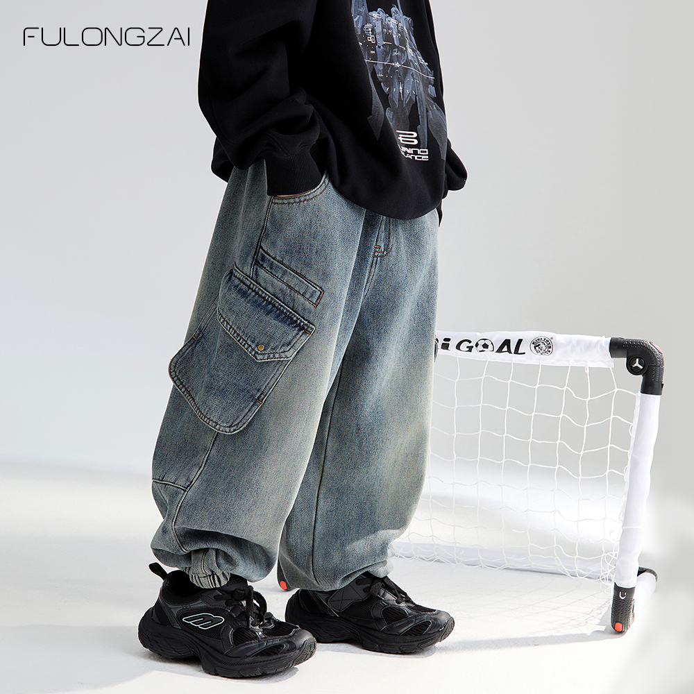 FULONGZAI亲子童装2025秋冬季男女童新款中大儿童加绒工装牛仔裤