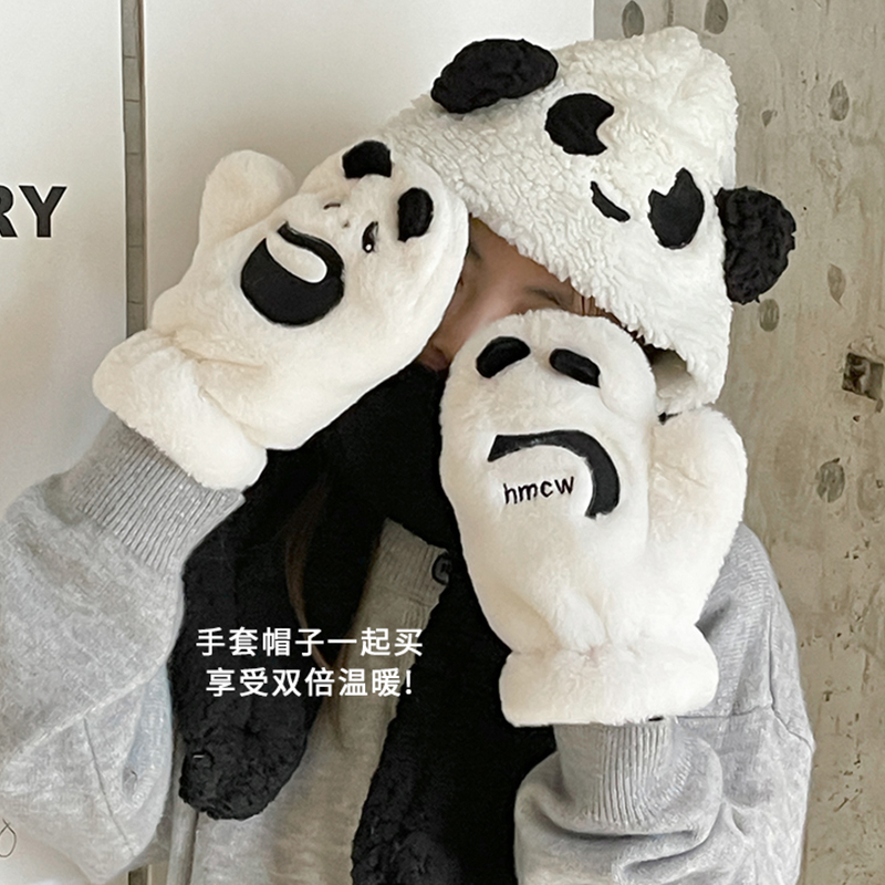 可爱卡通毛绒手套女学生冬季加绒加厚保暖挂颈棉手套骑行防寒帽子