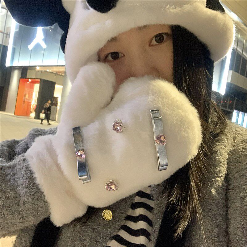 可爱女生手套秋冬季挂颈学生冬天毛绒加厚加绒防寒防风保暖棉手套