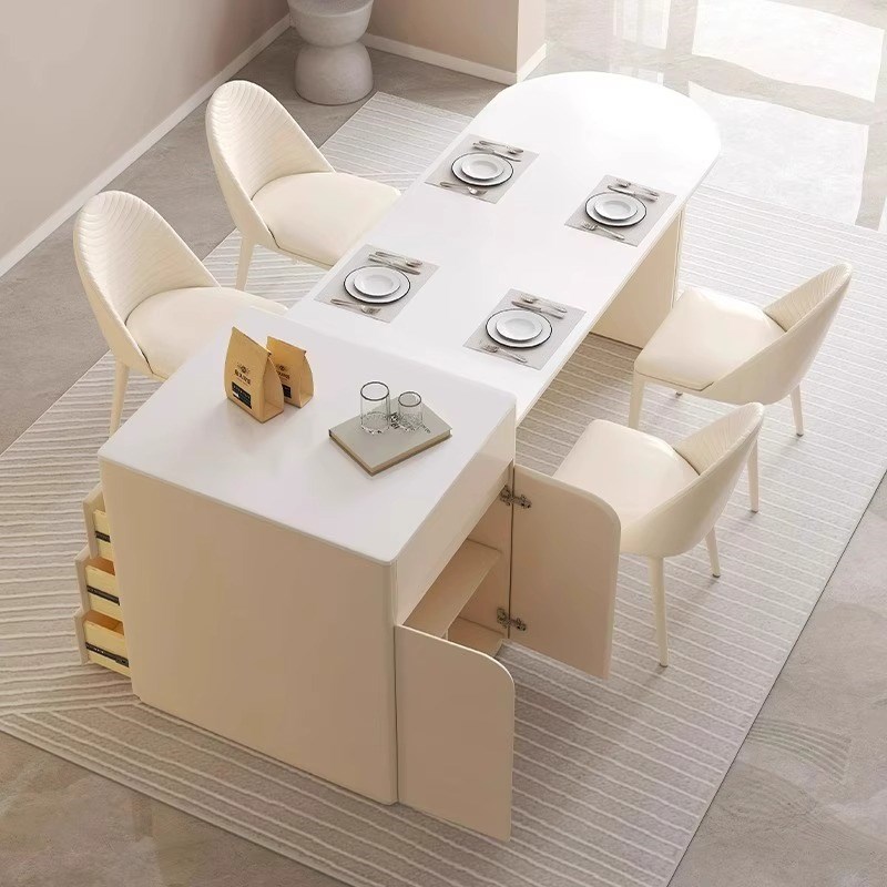 奶油风岩板岛台餐桌一体家用小户型茶桌现代简约可伸缩导台饭桌