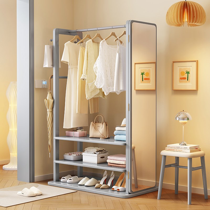 实木家用可移动衣帽架穿衣镜一体卧室落地晾衣架挂衣架置物收纳架