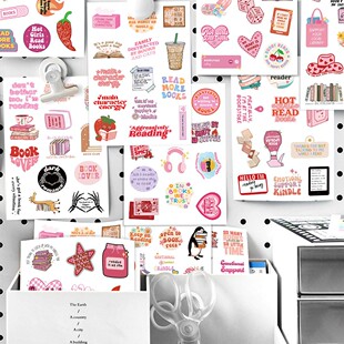 8张小清新bookish拼贴画笔记本电脑手账手机装 饰幼儿园防水贴画 饰保温杯跨境贴画卡通创意益智装