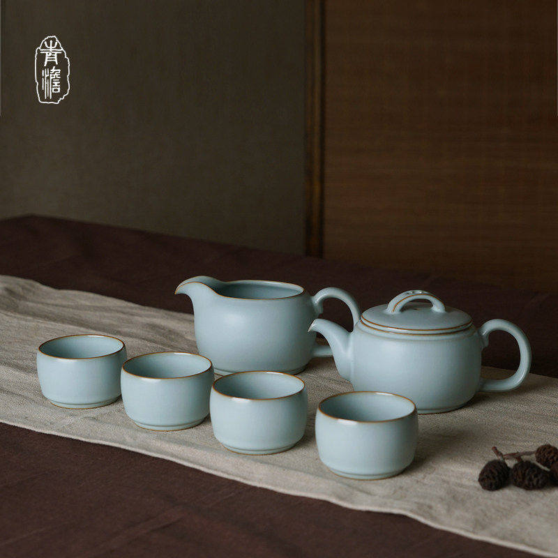 青澹汝窑茶具套装家用礼盒装景德镇陶瓷礼品中式简约青瓷仿古瓷器