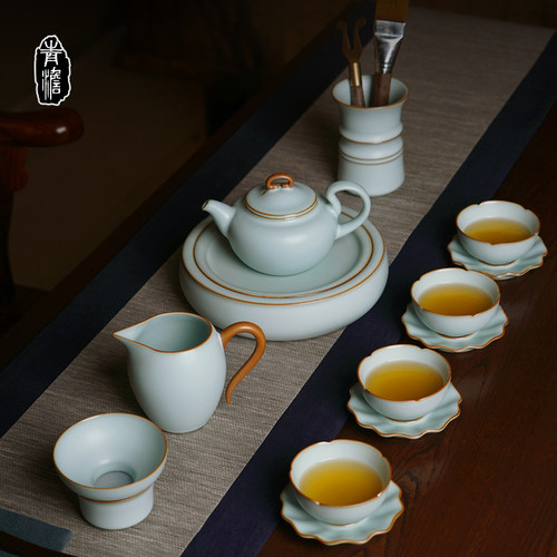 青澹汝窑功夫茶具套装家用中式景德镇陶瓷手工青瓷开片可养礼盒装