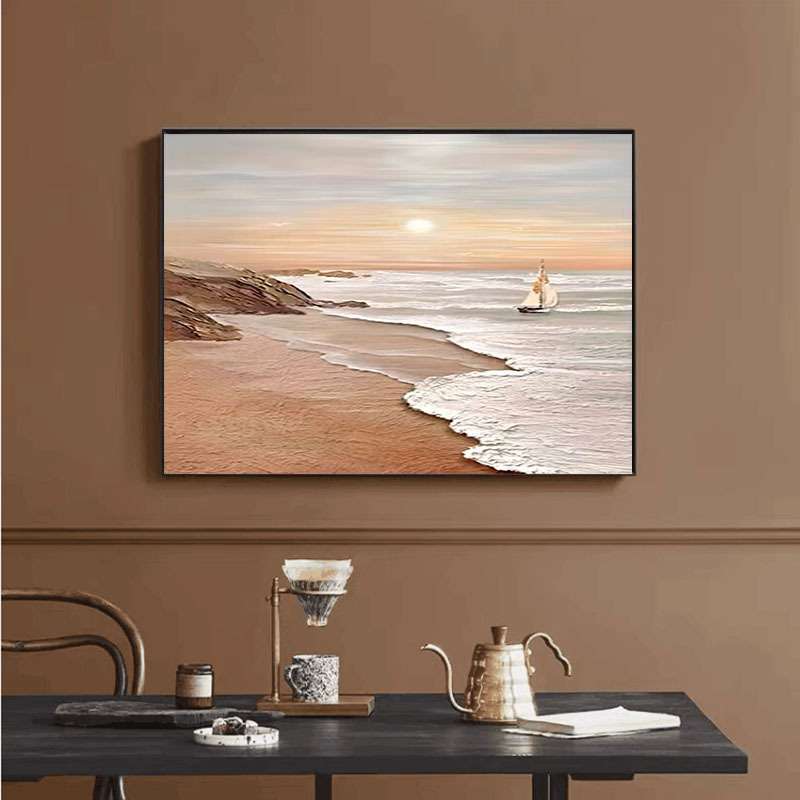 手绘油画横版餐厅装饰画现代简约海景立体肌理画极简客厅玄关壁画图片
