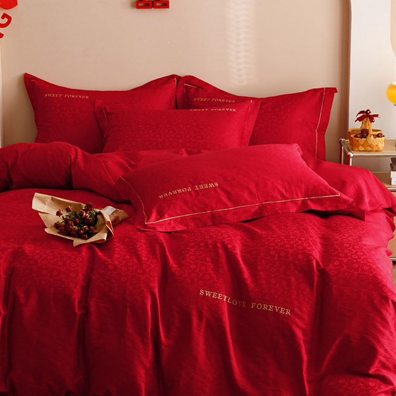 提花四件套婚庆 结婚被套大红色新疆长绒棉100支新婚床品