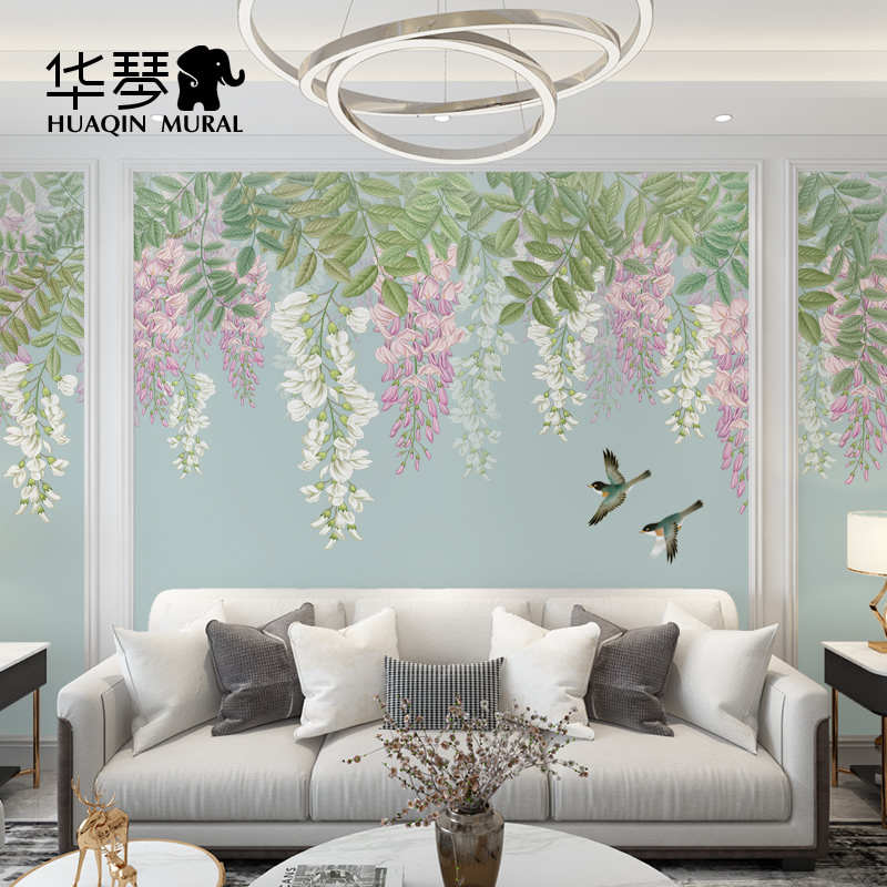 美式电视背景墙壁纸客厅沙发卧室床头墙纸壁画中式花鸟墙布壁布