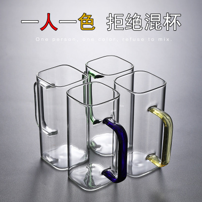 玻璃杯家用耐热防爆耐高温客厅套装茶杯带把手水杯方形杯子杯具