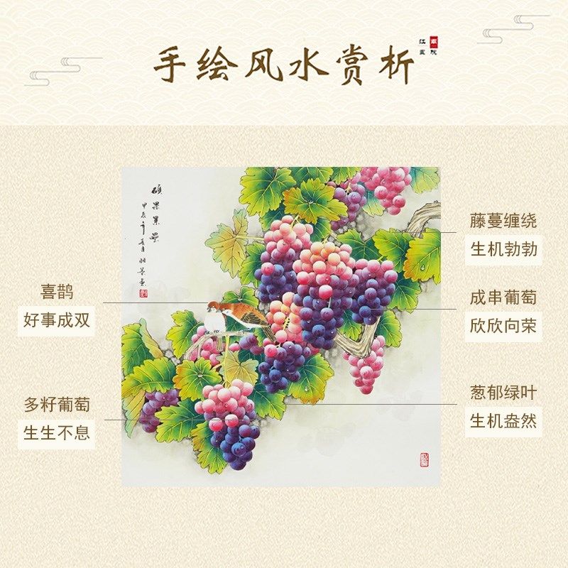 纯手绘葡萄工笔画国画新中式装饰画餐厅入户玄关挂画走廊硕果累累