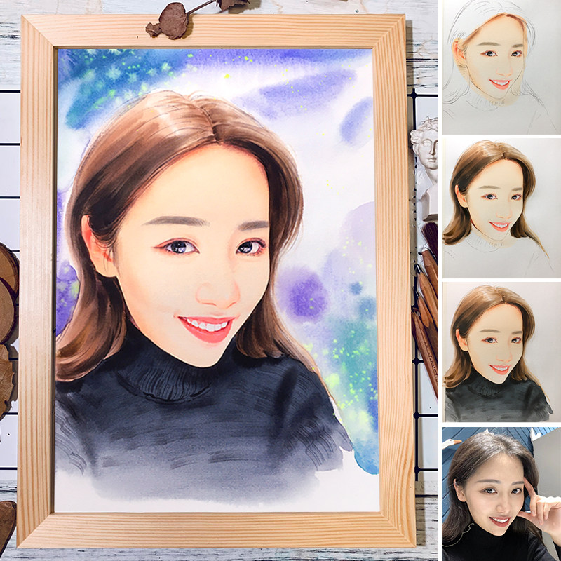 水彩真人照片转手绘人物头画肖像定制送情侣宝宝婚礼礼物素描写实