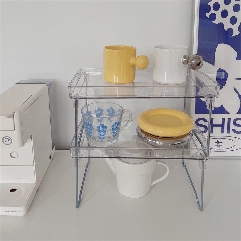 韩国桌面透明塑料可叠加高脚收纳化妆品厨房折叠桌托盘置物储物架