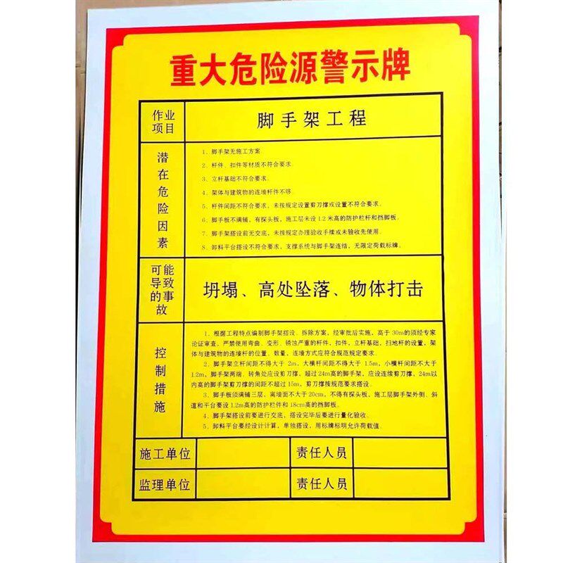 PVC标牌脚手架楼层牌施工工地重大危险源警示牌标识牌防水防晒