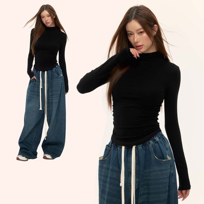 黑色半高领长袖女款修身