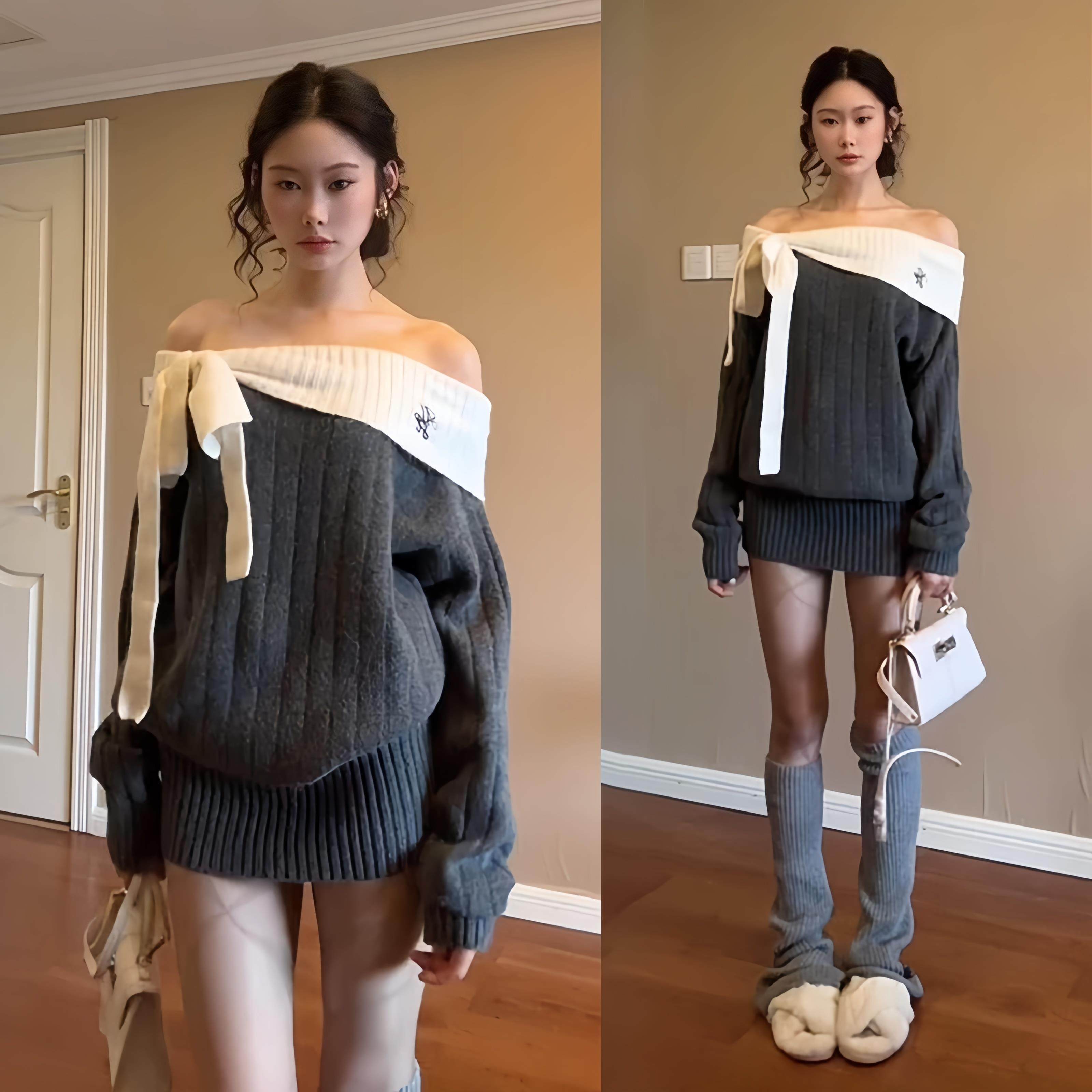 法式灰色一字肩针织连衣裙子女秋冬季2025新款巨好看气质包臀短裙