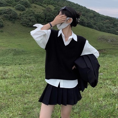 春秋冬季黑色针织马甲背心女叠穿衬衫v领羊毛坎肩无袖毛衣学院风